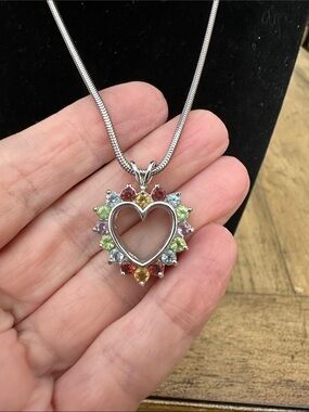 Sterling Silver Heart Pendant with Multicolor Gemstones